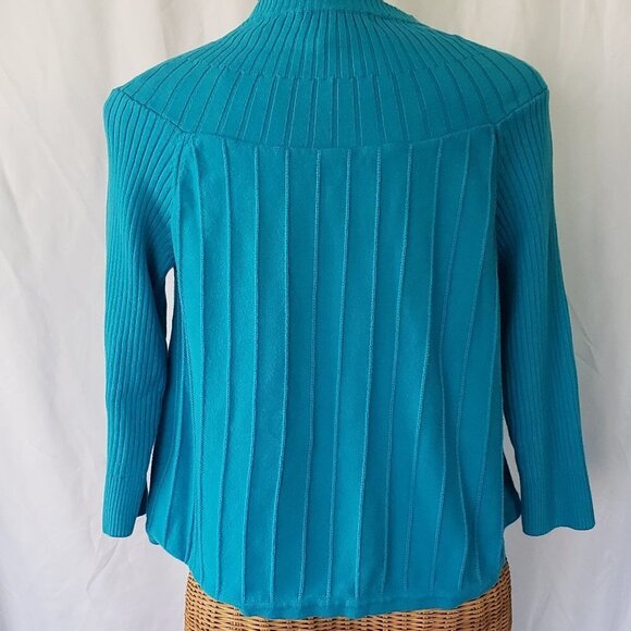 Willi Smith Women's Medium Blue Ribbed Cotton 3/4 Sleeve Cardigan Sweater - Picture 3 of 4